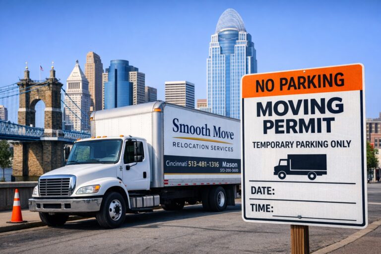 Smooth Move Relocation Services moving truck parked in downtown Cincinnati with an approved temporary moving permit sign and city skyline in the background.