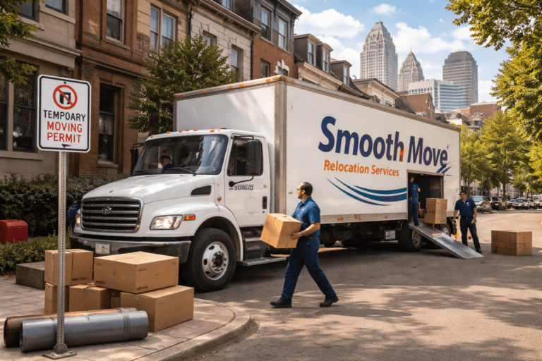 Smooth Move Relocation Services truck parked on a Cincinnati residential street with temporary moving permit sign while movers load boxes into the truck.