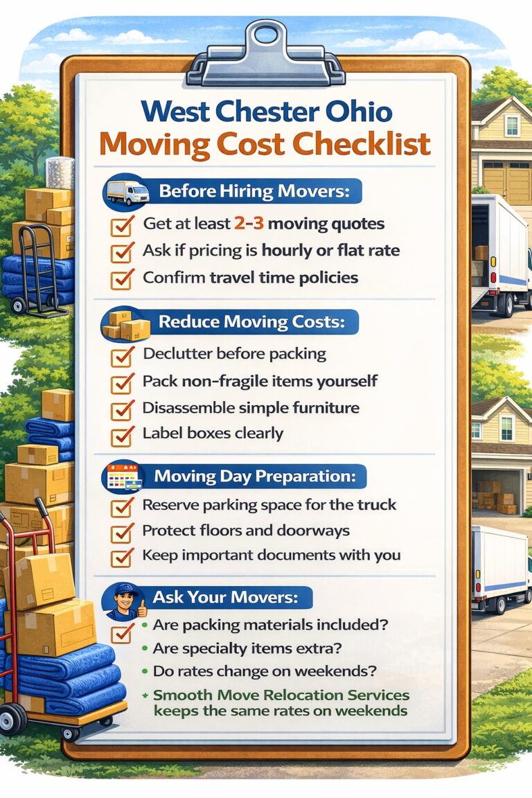 West Chester Ohio moving cost checklist from Smooth Move Relocation Services showing tips for getting moving quotes, reducing moving expenses, and preparing for moving day.