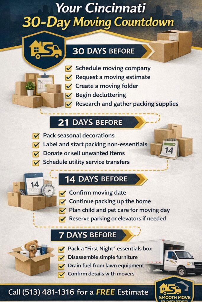 30-day Cincinnati moving checklist infographic showing timeline tasks for homeowners preparing to move with Smooth Move Relocation Services