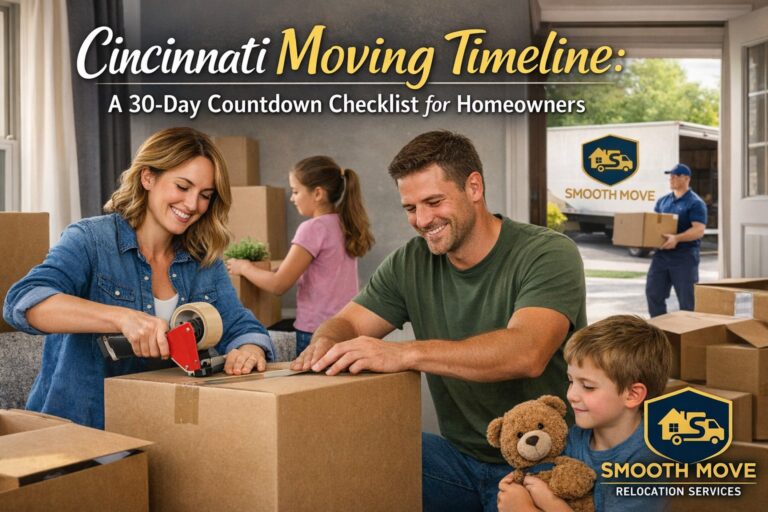 Family packing boxes during a Cincinnati home move with Smooth Move Relocation Services truck and logo visible