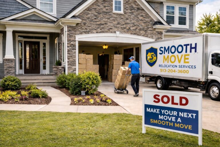 Smooth Move Relocation Services movers delivering packed boxes to a newly built home in Mason Ohio during a residential move into new construction.