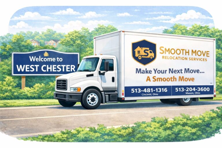 Smooth Move Relocation Services moving truck in West Chester Ohio featuring Cincinnati phone number 513-481-1316 and Mason Ohio phone number 513-204-3600 providing local and long distance moving services