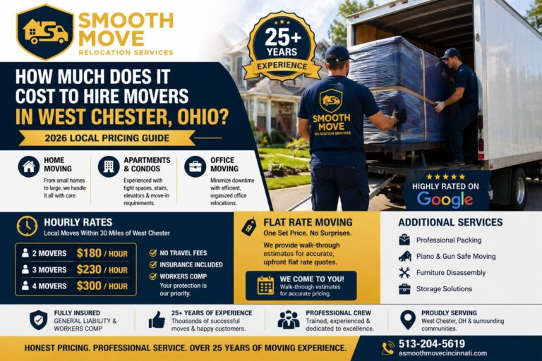 Professional movers loading furniture into a moving truck at a home in West Chester Ohio showing hourly moving rates and flat-rate pricing from Smooth Move Relocation Services
