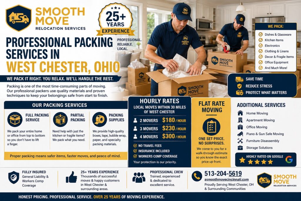 Professional movers packing dishes and household items into boxes during a residential move in West Chester Ohio using proper packing materials


