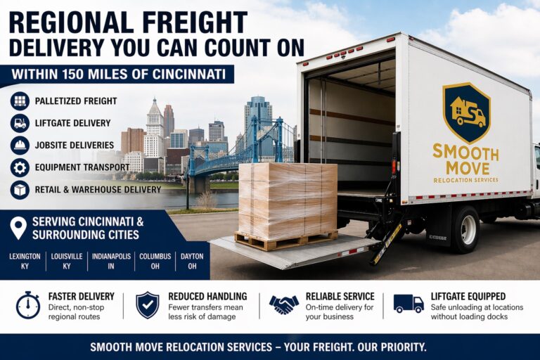 Liftgate truck unloading palletized freight in Cincinnati for regional transportation within 150 miles