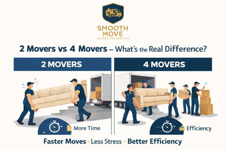 Two movers vs four movers comparison showing more time required with two movers and greater efficiency with four movers during a residential move