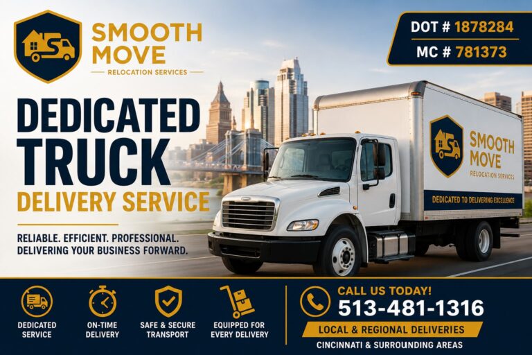Promotional graphic for Smooth Move Relocation Services featuring a white dedicated delivery box truck driving through downtown Cincinnati with navy blue and gold branding. Image includes company logo, DOT number 1878284, MC number 781373, phone number 513-481-1316, and text advertising dedicated truck delivery service and local regional deliveries in Cincinnati and surrounding areas.