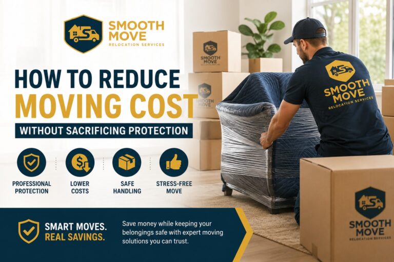Professional mover from Smooth Move Relocation Services wrapping furniture with protective stretch wrap beside moving boxes promoting affordable moving services and furniture protection.