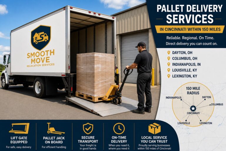 Lift gate pallet delivery truck unloading pallet with pallet jack in Cincinnati providing regional pallet delivery within 150 miles