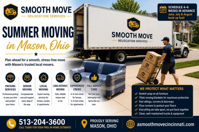 Mover using dolly with stacked boxes during summer residential move in Mason Ohio with wrapped couch staged near Smooth Move truck