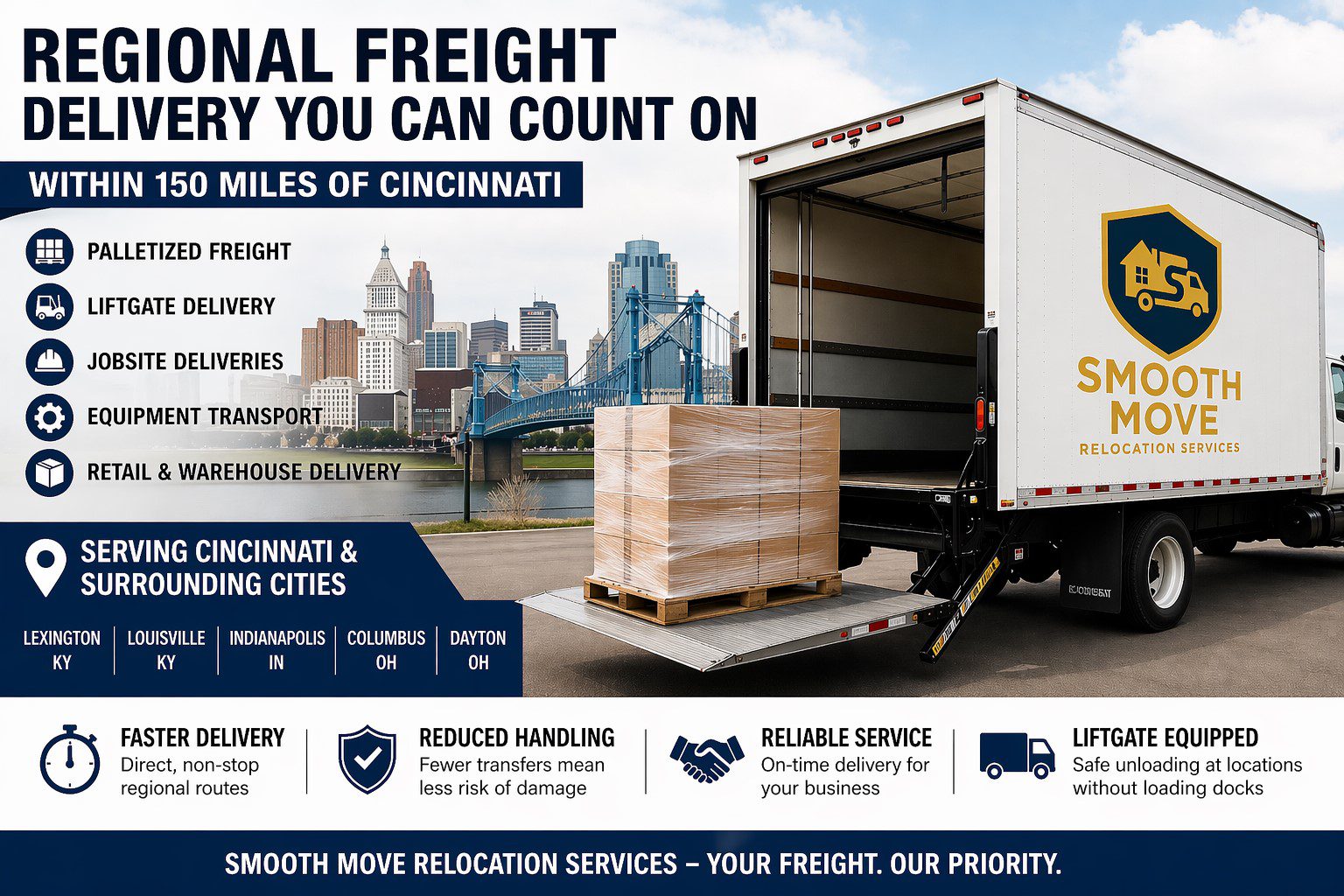 Freight delivery services by Smooth Move, showcasing a truck loading pallets near the Cincinnati skyline. Emphasizes reliable, local logistics within 150 miles.